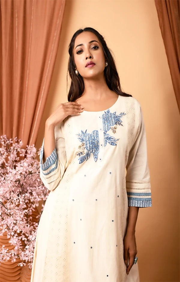 Ivory  Cotton Hand embroidered Anarkali  with Pant and Dupatta - OSKOS