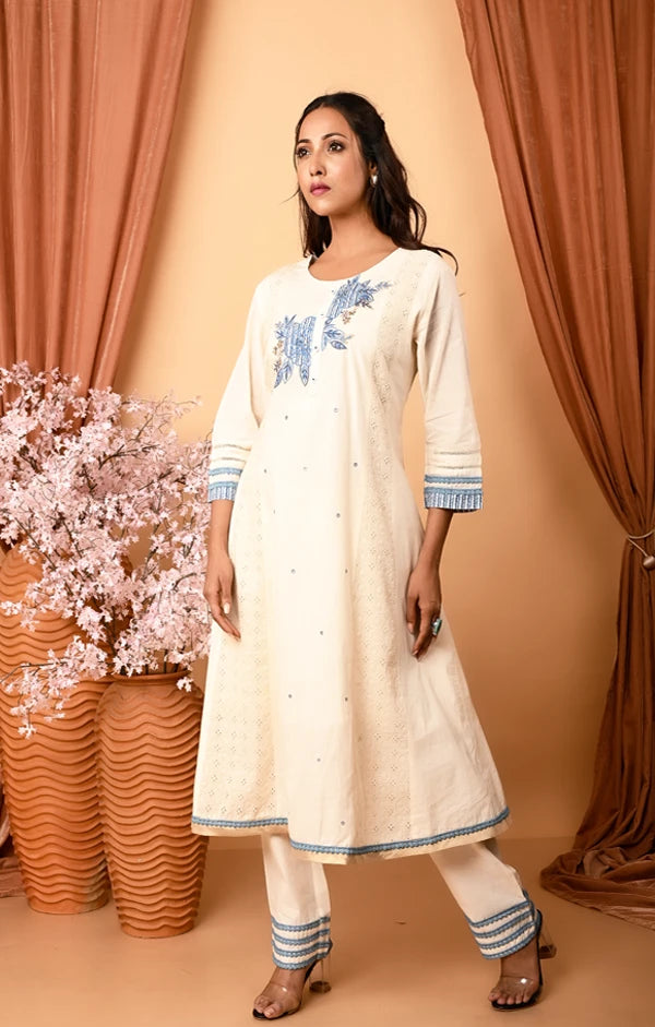 Ivory  Cotton Hand embroidered Anarkali  with Pant and Dupatta - OSKOS