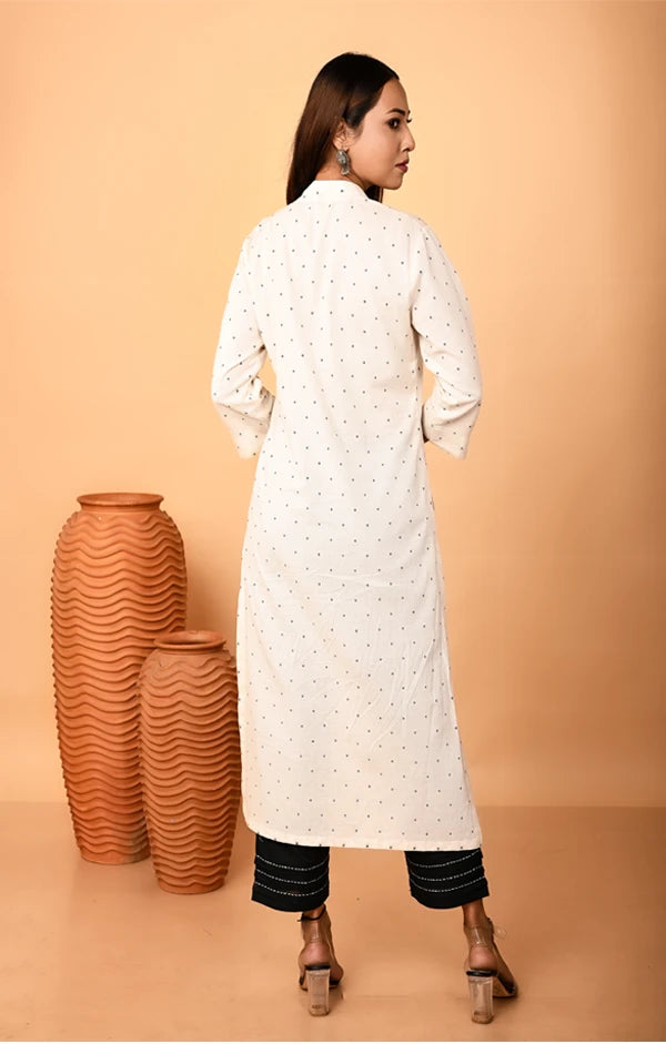 Ivory Hand-embroidered Linen Kurta with Black Palazzo Set - OSKOS