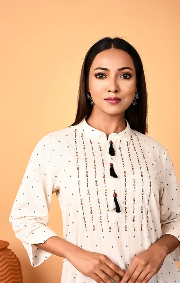 Ivory Hand-embroidered Linen Kurta with Black Palazzo Set - OSKOS