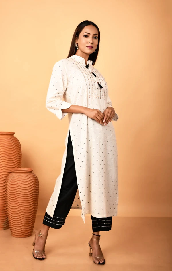 Ivory Hand-embroidered Linen Kurta with Black Palazzo Set - OSKOS