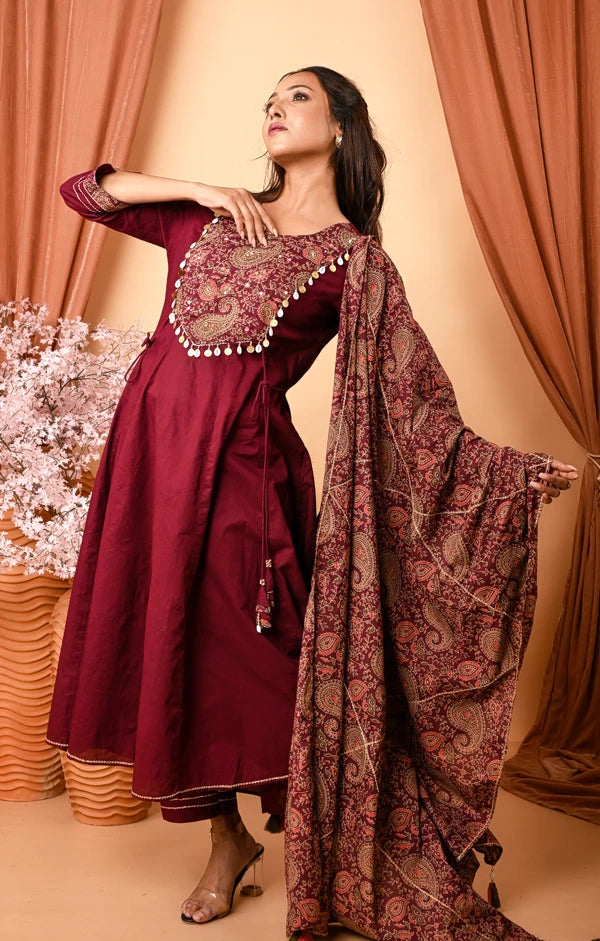 Gorgeous Wine Cotton Hand embroidered Anarkali Suit with Palazzo and Dupatta set - OSKOS
