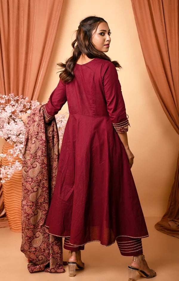 Gorgeous Wine Cotton Hand embroidered Anarkali Suit with Palazzo and Dupatta set - OSKOS