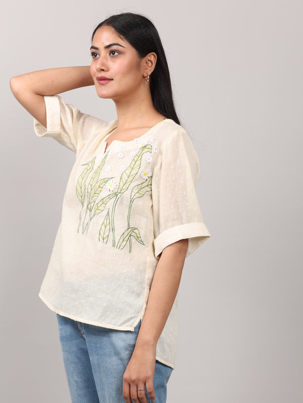 Elegant Cream Cotton Short Sleeve Top with  Rasham Embroidery