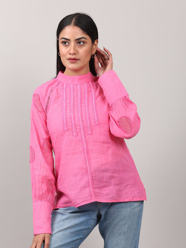 Pink Raglan Cotton Top with Hand Embroidery, Crocheted Lace & Appliqué Details