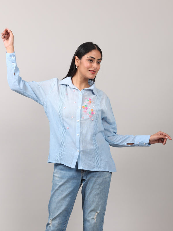 Blue Ombre Cotton Full-Sleeve Shirt with Hand-Embroidered Anchor Work