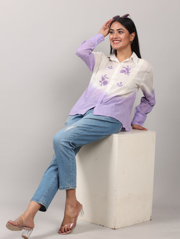 Lavender Ombre Cotton Shirt with Floral Hand Embroidery & Crochet