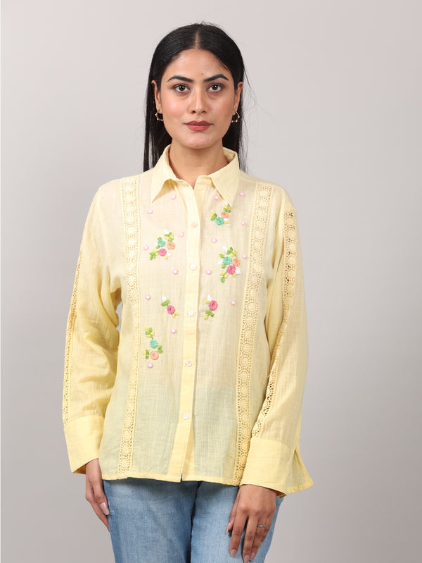 Light Yellow Cotton Shirt with Hand Embroidery & Crochet Lace