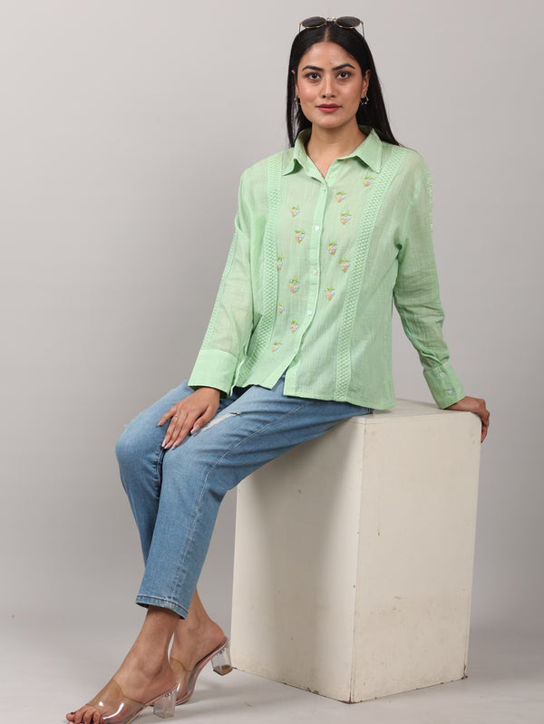 Light Green Hand-Embroidered Shirt with Beaded Detailing & Crochet Lace