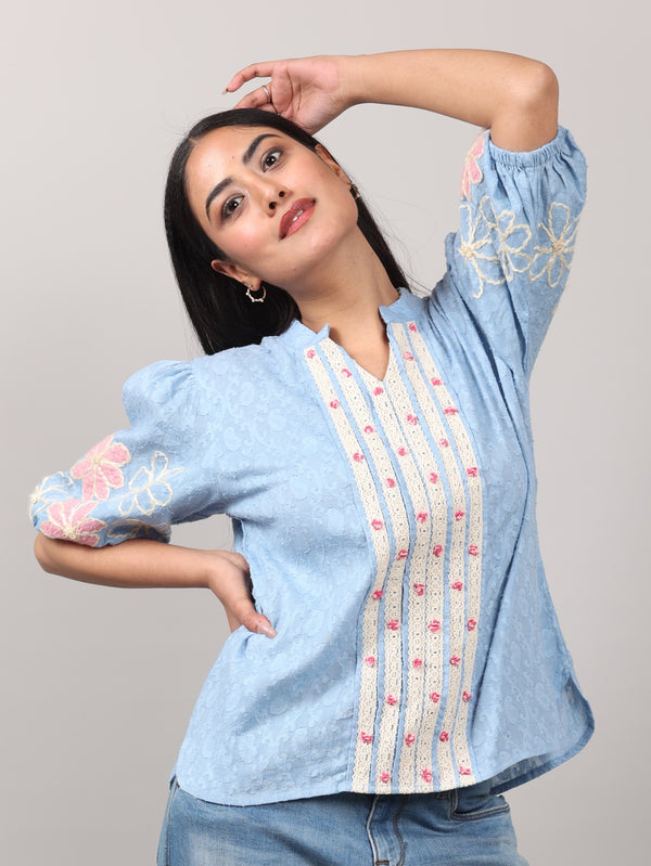 Classy Blue Cotton Jacquard Embroidered Top with Mandarin Neck & Crochet Lace
