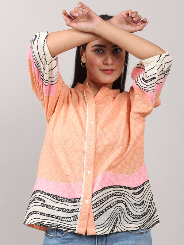 Elegant Peach Embroidered Shirt with Crochet Lace & Appliqué Detailing