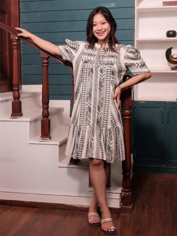 Black & white woven puff sleeve dress with embroidery detailing