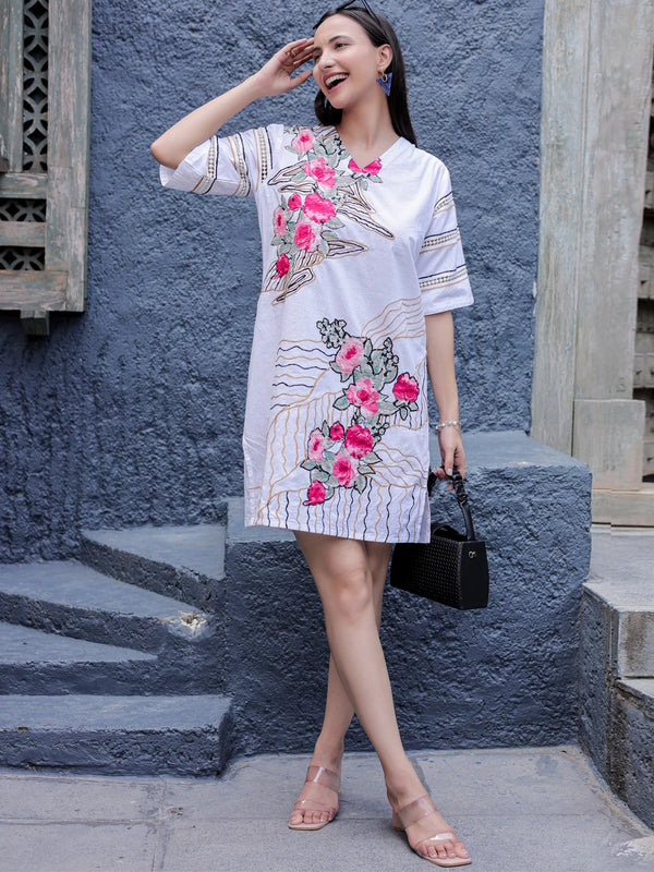 Elegant White Cotton Appliqué Floral Hand-Embroidered Dress with Crochet Lace Detailing