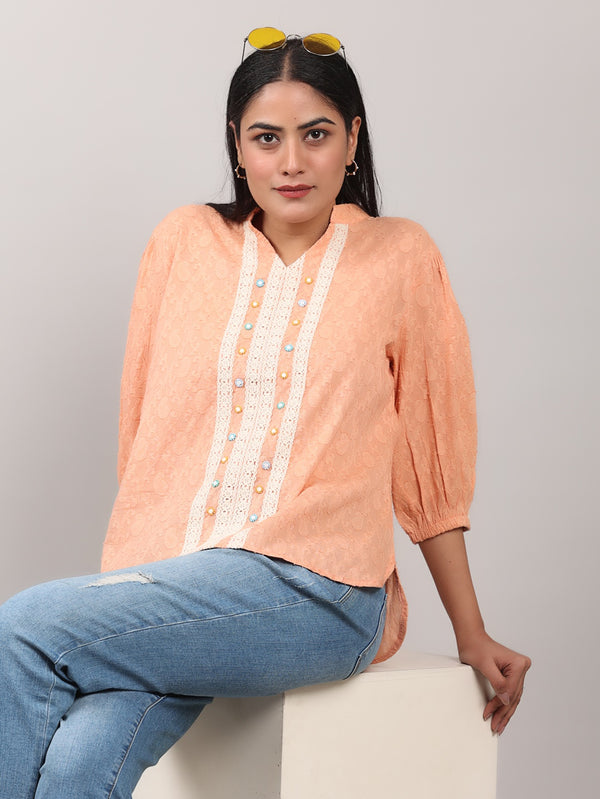 Classy Light Orange Cotton Jacquard Top with Hand Embroidery & Bead Detailing