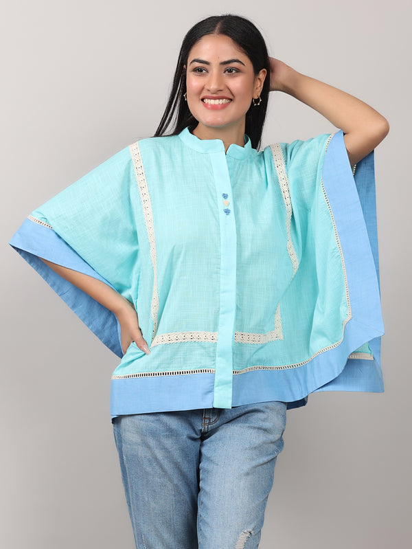 Boxy Kaftan-Style Blue Embroidered Top with Crocheted Lace