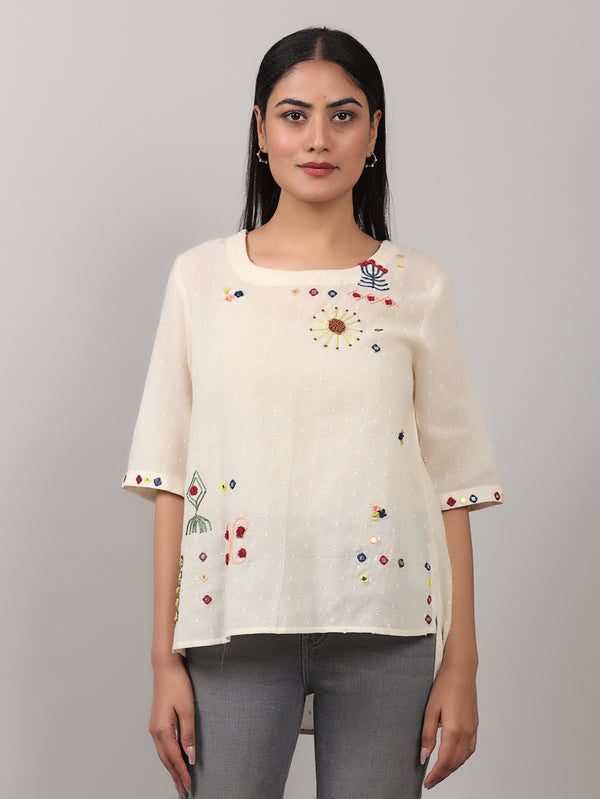 Cream Cotton Embroidered Round-Neck Top with Mirror Work