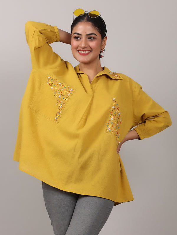Elegant Cotton Relaxed-Fit Top with Multicolor Bead Embroidery