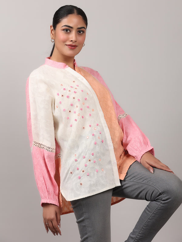 Hand-Embroidered Multicolor Cotton Jacquard Shirt with Mirror & Lace Detailing