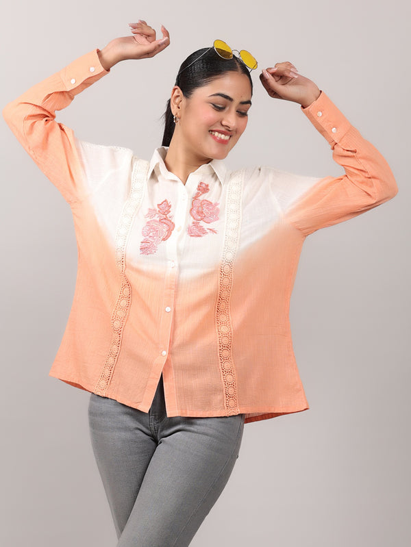 Hand-Embroidered Ombre Cotton Shirt with Crochet Lace Detailing
