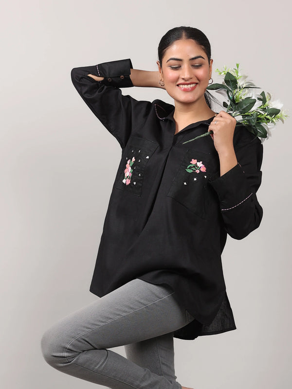 Black Cotton Shirt with Mirror Work & Multicolor Embroidery