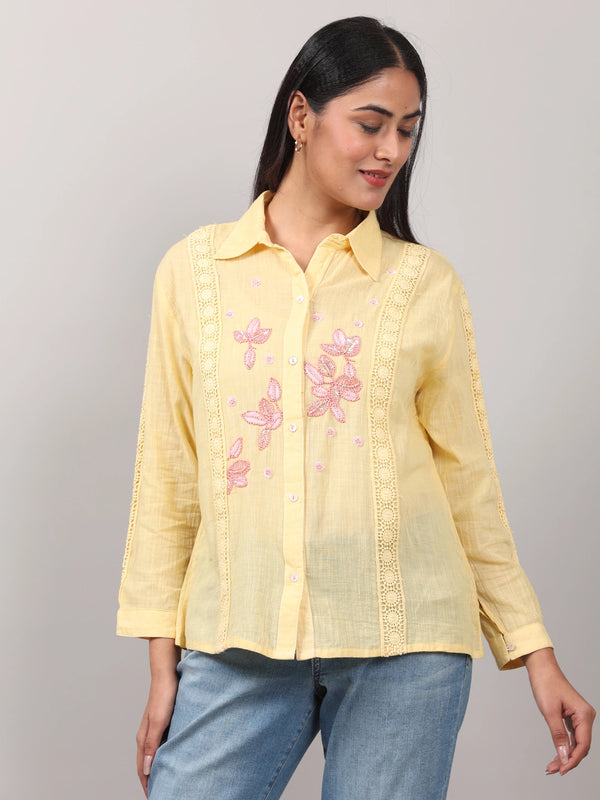 Yellow Cotton Shirt with Contrast Hand Embroidery and Lace Detailing