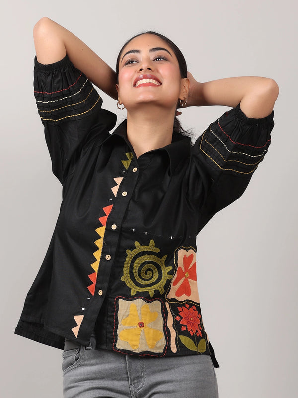 Black Cotton Appliqué Shirt with Mirror & Thread Work