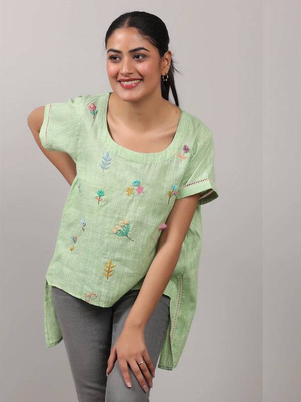 Green Handloom Embroidered Top with Crocheted Lace