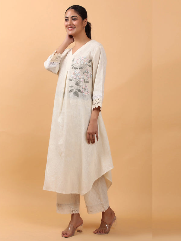 Ivory Embroidered Cotton V-Neck Asymmetric Kurta with Crochet Lace Detail