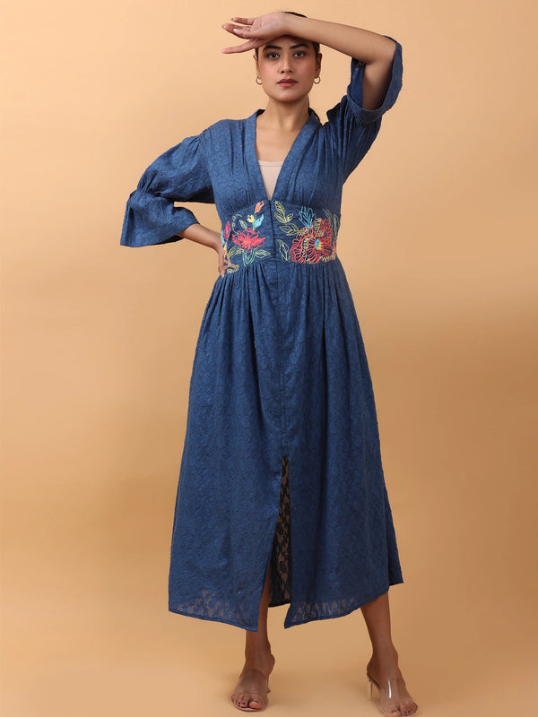 Blue Dress with multicolour embroidery