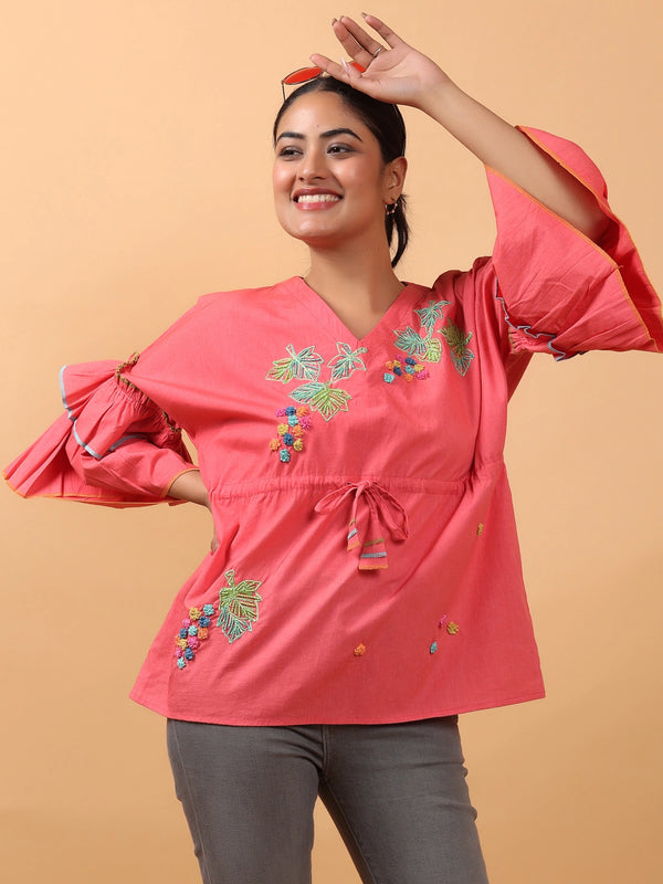 Red Kaftan-Style Top with 3D Embroidery & Tie-Up Waist
