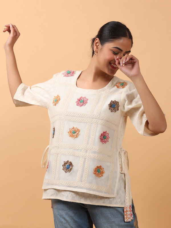 Ivory 3D Embroidered Handloom Cotton Jacquard Jacket Top
