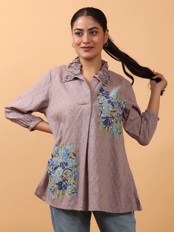 Elegant Grey Cotton Jacquard Top with Multicolor Hand Embroidery & Appliqué