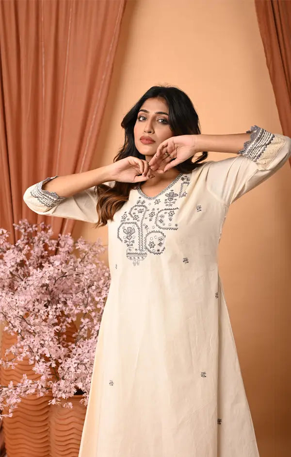 Ivory Hand-Embroidered Cotton Kurta Set with Resham, Crossia lace and Mirror Detailing