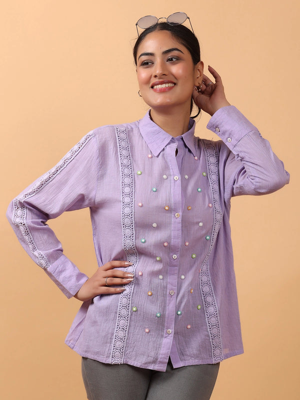 Lavender Cotton Hand-Embroidered Shirt with Crochet Lace