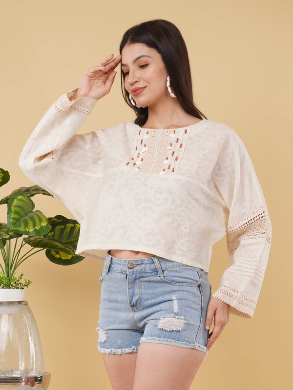 Elegant Ivory Cotton Jacquard Crop Top with Crossia Lace and Hand Embroidery