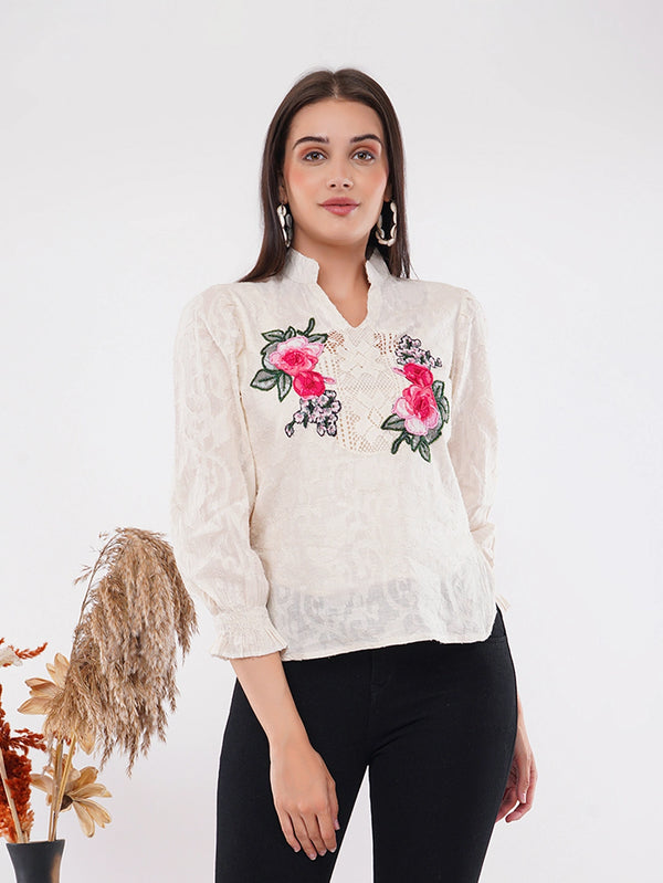 Magnificent Ivory Cotton Jacquard Top with Embroidered Appliqué and Bead Detailing
