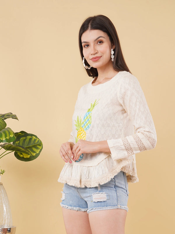 Ivory Cotton Jacquard Full-Sleeve Top with Appliqué and Hand Embroidery