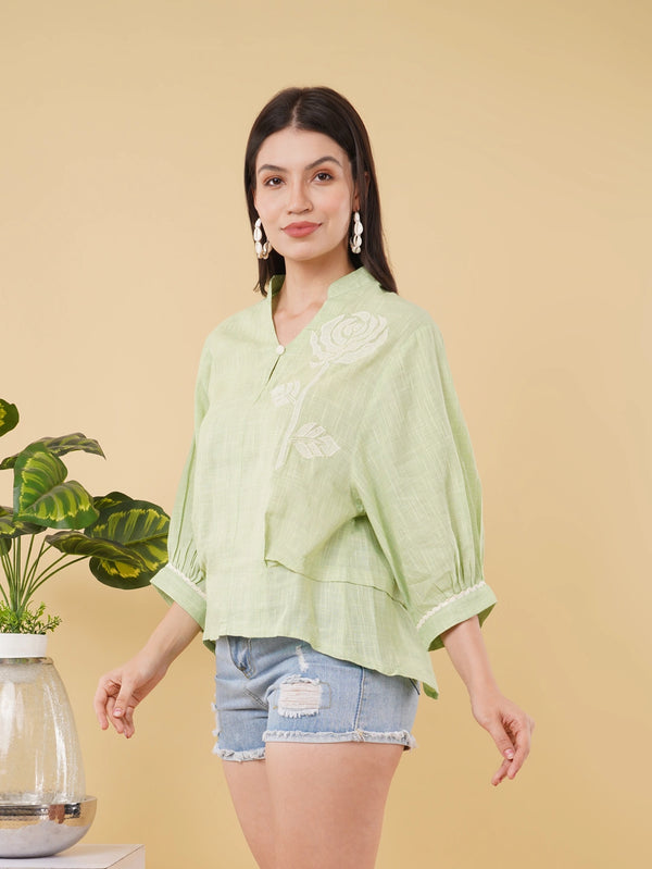 Green Cotton Handloom Top with Hand-Embroidered Appliqué and Crossia Lace Accents