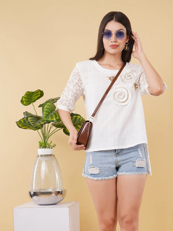 White Cotton Crepe Half-Sleeve Top with Zardosi Embroidery and Crossia Lace Accents