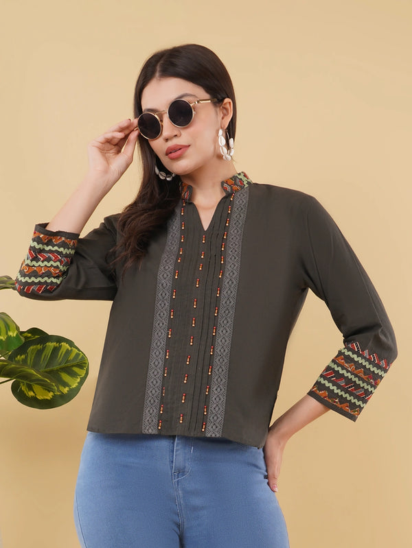 Deep Grey Cotton Slub Top with Mandarin Collar and Hand-Embroidered Appliqué