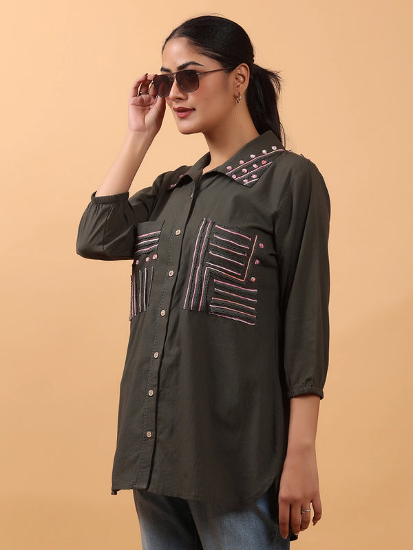 Deep Gray Cotton Shirt with 3D Embroidery & Crochet Lace Accents