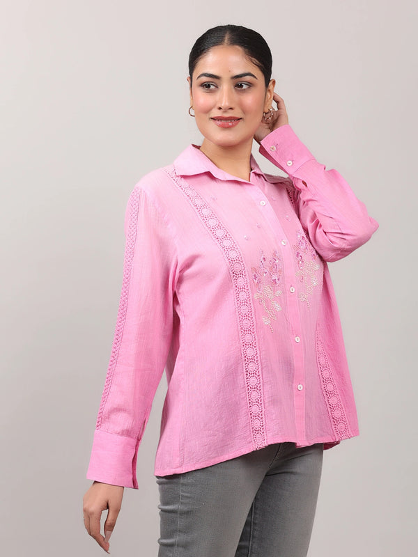 Chic Light Pink Ombre Cotton Shirt with Floral Hand Embroidery