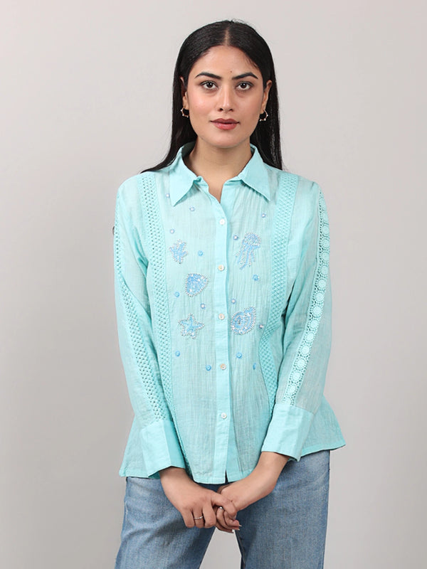 Sky Blue Cotton Shirt with Hand-Embroidered Marine Motifs & Crochet Lace