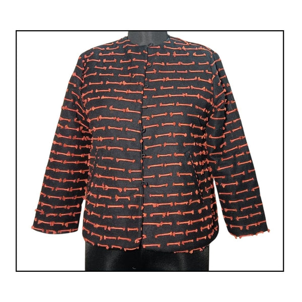 Black Cotton Full-Sleeve Jacket with Red and Orange Hand-Embroidered Line Design