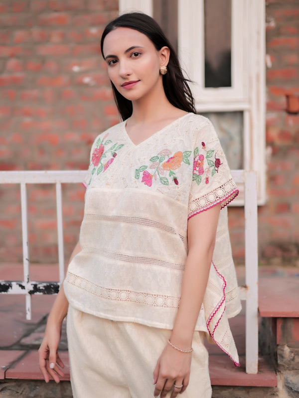 Elegant Ivory Jacquard Cotton Kaftan with Artisan Embroidery and Crocheted Lace Highlights