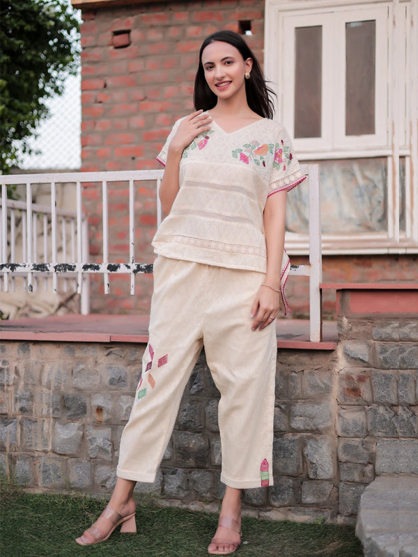 Ivory Cotton Jacquard Pants with Artful Multicolor Placement Embroidery