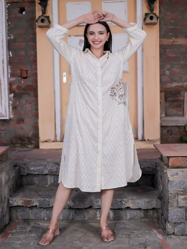 Ivory Long Dress With Placement Hand-Embroidery