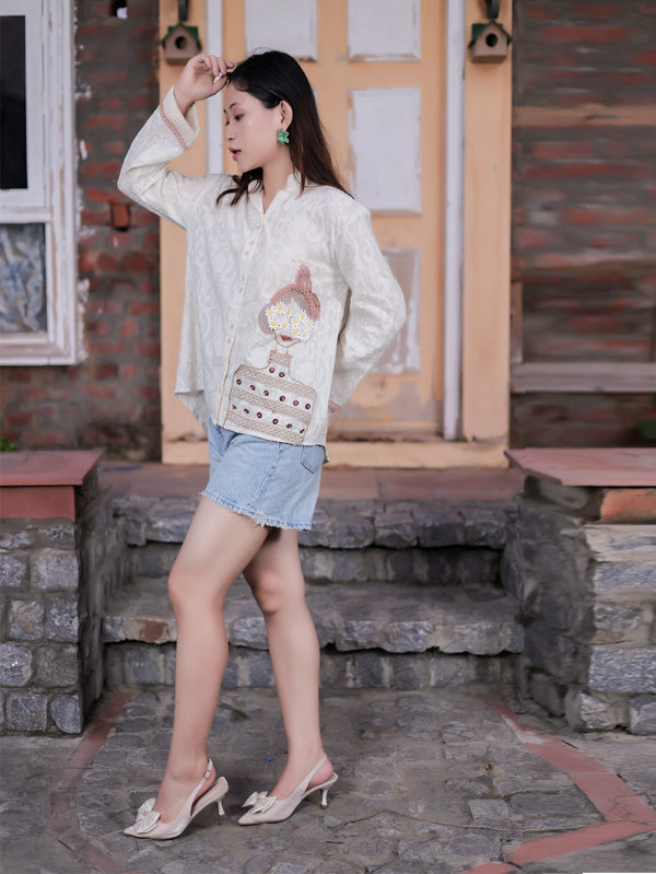 Ivory Cotton Jacquard 3DEmbroidered Full-Sleeve Loose-Fit Shirt with Crossia Lace Detailing