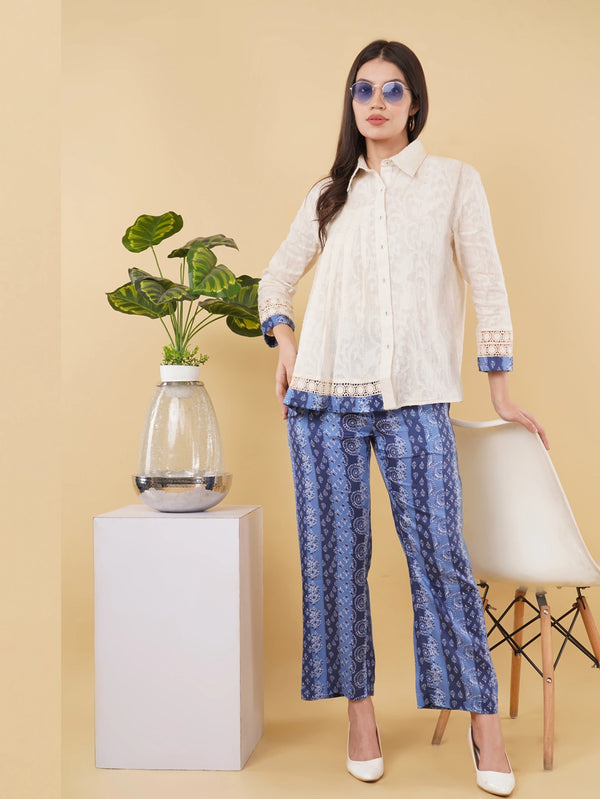 Ivory Cotton Co-ord Set with Lace detailing and Contrast Printed Bottom