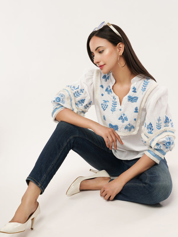 White Hand-Embroidered Top with Crossia Lace Detailing